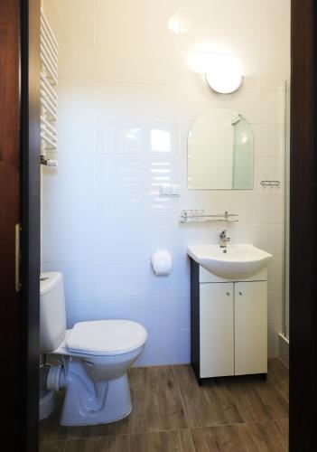 a bathroom with a toilet and a sink and a mirror at Stacja Binino 