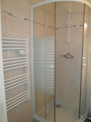a shower with a glass door in a bathroom at Au 14 Honfleur parking privé in Honfleur