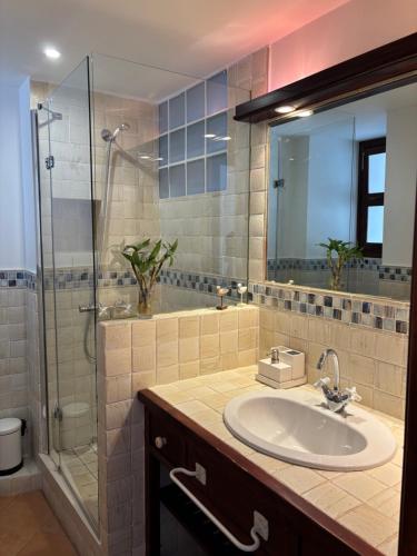 a bathroom with a sink and a shower at El rincón de Carolina in O Barqueiro