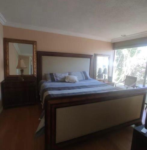 ein Schlafzimmer mit einem großen Bett und einem Spiegel in der Unterkunft Los Colibries in Mexiko-Stadt