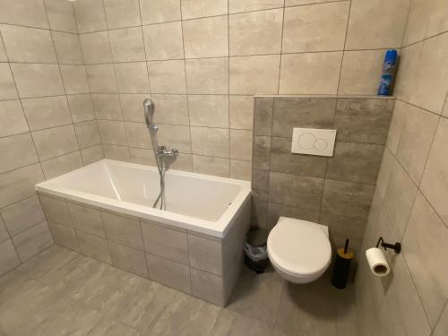 a bathroom with a tub and a toilet in it at Apartmány Hodonín in Hodonín