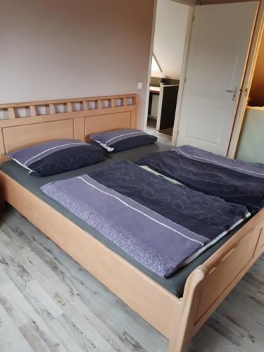 two beds in a bedroom with blue sheets and pillows at Auf dem Lande in Weener