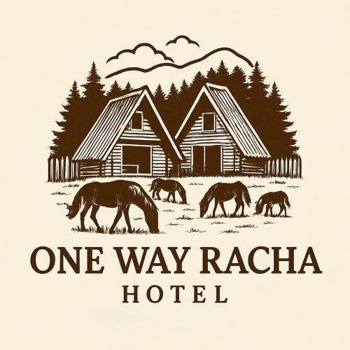 a one way radio hotel with horses grazing in front of houses at One Way Racha Hotel in Gari