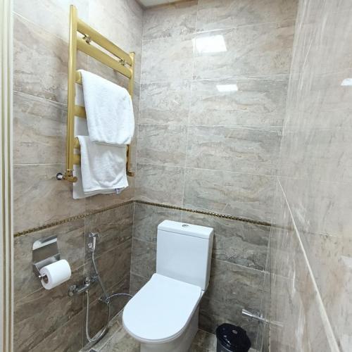 a bathroom with a white toilet and a shower at TWINS MIRROR group HOTELS in Baku