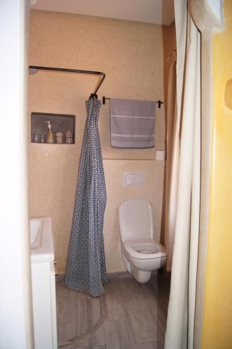 a bathroom with a toilet and a shower curtain at Villa Nouran - Chambre Hôte in Ghazoua