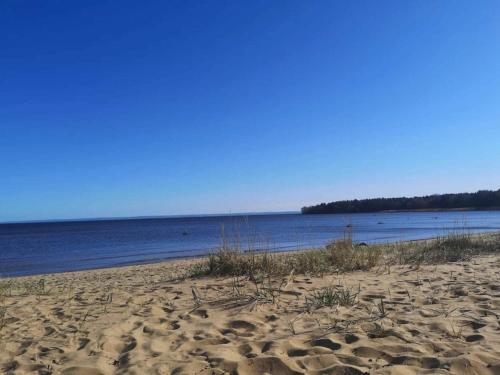 a sandy beach next to a body of water at 4 star holiday home in Halmstad in Halmstad