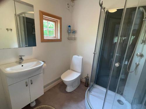a bathroom with a toilet and a sink and a shower at 4 person holiday home in Drottningskär-By Traum in Drottningskär