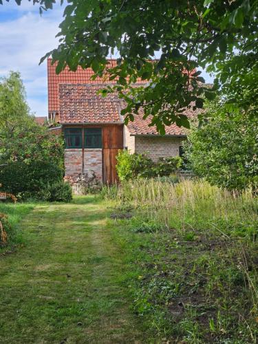 an old house in a field with a grass yard at Gartenhaus Schlanstedt in Schlanstedt