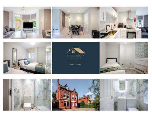 a collage of photos of a house at Modern 2 Bed Flat, Wifi, Parking, Self Check-in, Sleeps 5, 2 bathrooms, Close to Stepping Hill & Motorways, Long stays in Stockport