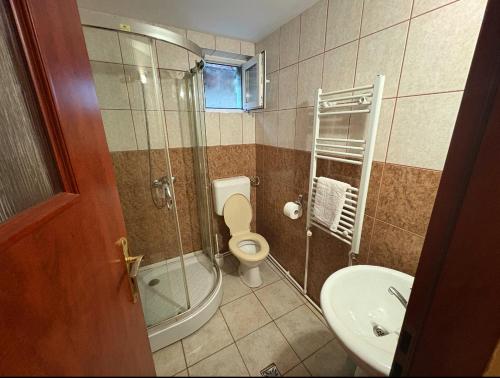 Un baño con inodoro, lavabo y ducha. en Casa Maria, en Haieu
