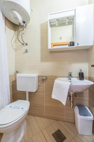 a bathroom with a toilet and a sink and a mirror at Apartments Seaview in Tučepi