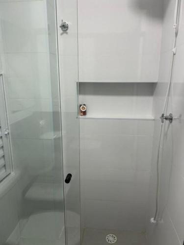 a shower with a glass door in a bathroom at Apartamento Tibagy in Guarulhos