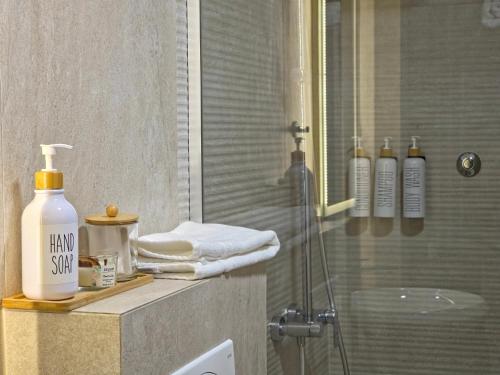 a bathroom with a shower and a bottle of hand soap at Guest House Marli in Ohrid