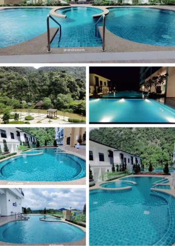 a collage of four pictures of a swimming pool at Sunway Onsen Theme Park View Ipoh in Ipoh