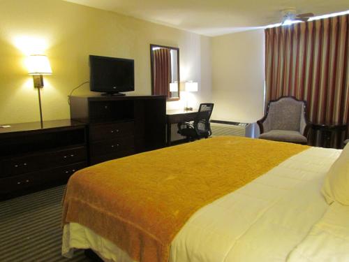 a hotel room with a bed and a desk and a television at Romana Hotel - Houston Southwest in Houston