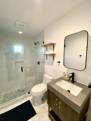 a bathroom with a toilet and a sink and a mirror at Newly built Guest House near beaches in Costa Mesa