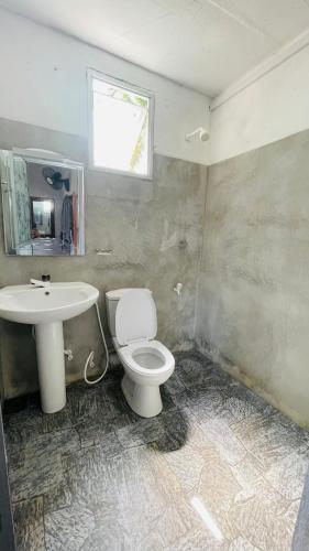 a bathroom with a white toilet and a sink at Bird Nest Guest House in Lukasgoda