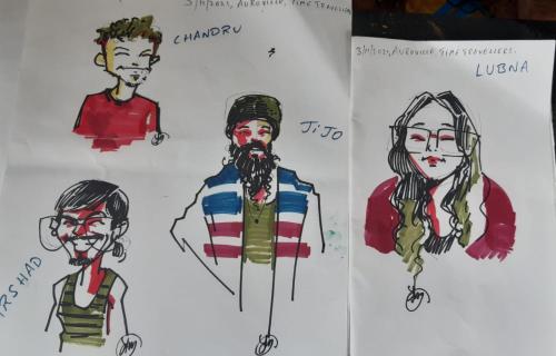 four drawings of people on a sheet of paper at Time Travellers Hostel in Auroville