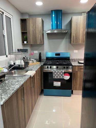 a kitchen with a blue stove and a sink at Moderno Apartamento Boca Chica, 5 minutos del Aeropuerto in La Caleta