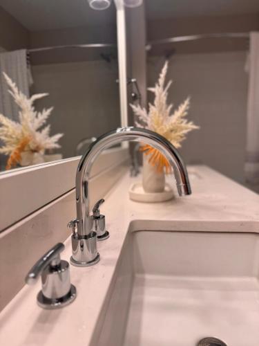 a kitchen sink with two faucets and a mirror at Dulles Corner Escape - 5 min from Airport in Herndon