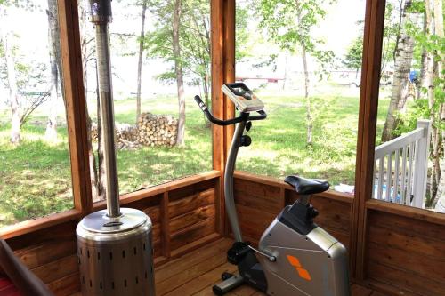 a home gym with a hair dryer next to a window at Chalet Le Ronfleur - Sainte-Monique-de-Honfleur in Honfleur