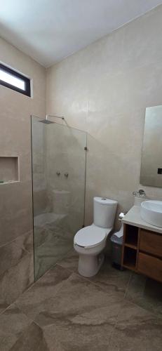 a bathroom with a toilet and a shower and a sink at House with a View and Private Pool in Santa Cruz Huatulco