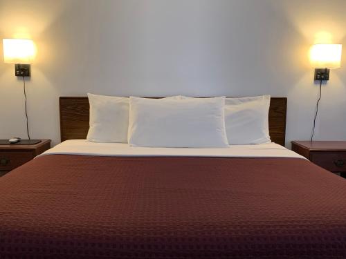 a bedroom with a bed with white pillows and two lamps at Motel 8 Willcox in Willcox