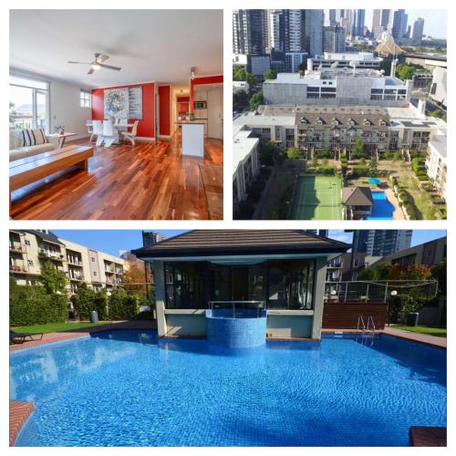 a collage of photos of a building with a swimming pool at Spacious City Apartment - Walk to Casino, MCEC & MCG in Melbourne
