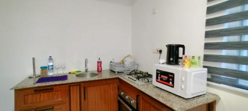 a kitchen with a sink and a microwave on a counter at Coco Lux Mon Amour in Grand Baie