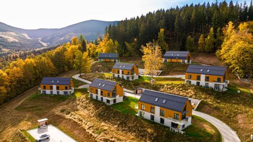 an aerial view of a home in the mountains at Wonder Home - Domki Hillside tuż przy stoku narciarskim - na terenie kompleksu plac zabaw i zewnętrzna siłownia, sklep, parking in Karpacz