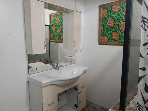 a bathroom with a white sink and a mirror at Terrasse Beach Resort in Mambajao