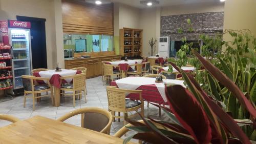 um restaurante com mesas, cadeiras e plantas em Hotel Alpet em Rinas