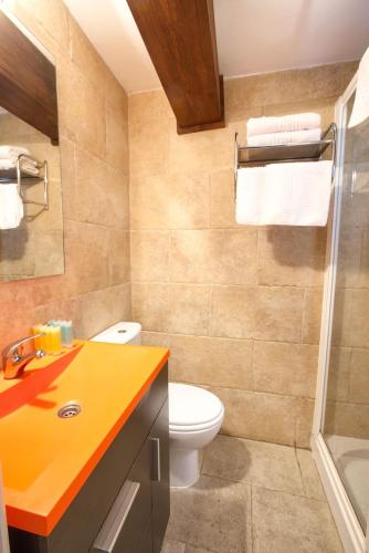 a bathroom with a toilet and a sink and a shower at El Balcón del Salvador in Cuenca