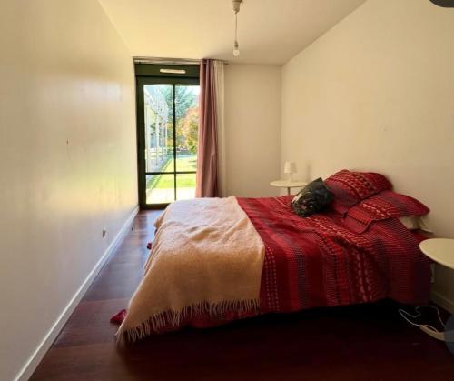 a bedroom with a bed with a cat laying on it at Superbe appartement terrasse Chantilly Bois saint Denis in Gouvieux