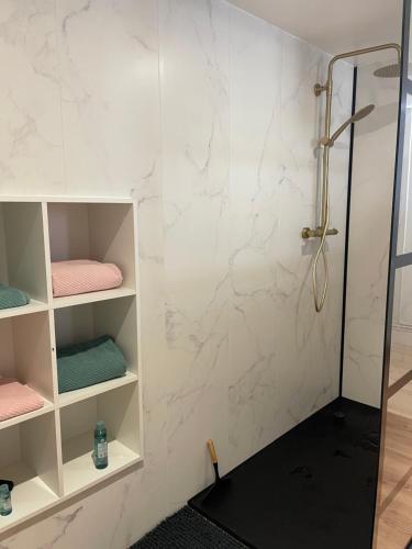 a shower in a bathroom with white marble walls at Gîte PREY DES VOSGES in Prey
