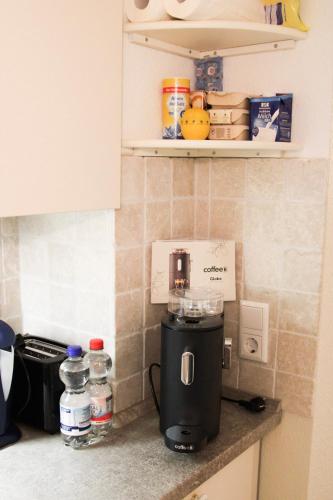 a coffee maker on a counter in a kitchen at FeWo Seelücke in Munkbrarup