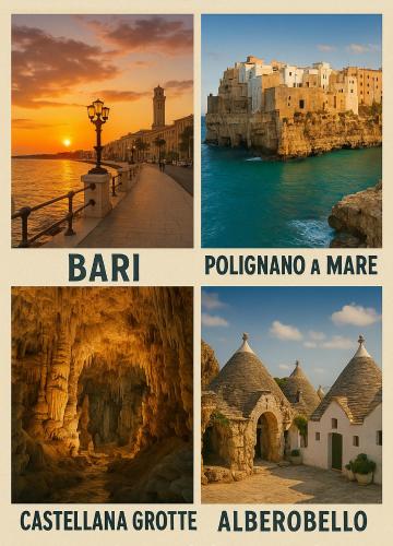 a collage of four pictures of a city at Charme House Trulli, Bari, Polignano, Monopoli 5 star in Turi