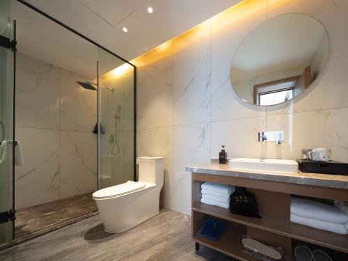 a bathroom with a toilet and a sink and a mirror at GUI YUAN ZHEN PIN HOTEL- Approximately 3 kilometers from the East Gate of Zhangjiajie National Forest Park - Free one-way pick-up or drop-off service for over 3 nights - English speaking customer service in Zhangjiajie