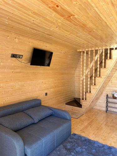 a living room with a couch and a tv at Hunter's Cabin in Salkhino