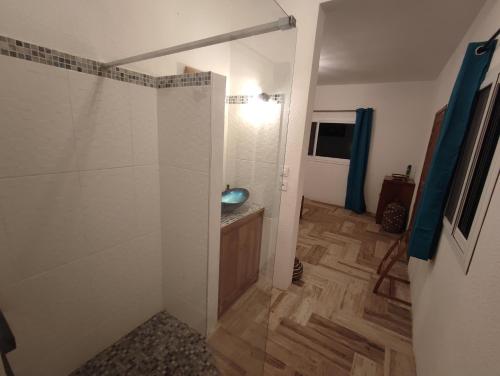 a bathroom with a walk in shower and a sink at Campement Houefa in Ndangane