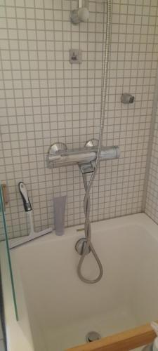a shower with a hose in a bathroom at Palmehagen in Kirkenes