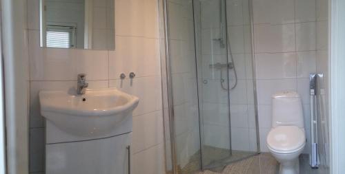 Un baño con lavabo, ducha e inodoro. en Linddalsveien 7, 4950 Risør, Norway, en Risør