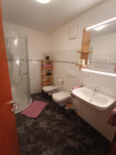 a bathroom with a sink and a toilet and a shower at Oberplatzer in Foresta