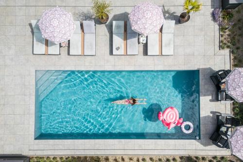 an overhead view of a person swimming in a pool at West Nieuwlandseweg 25A - Ouddorp - Poolvilla Zilt & Zoet in Ouddorp