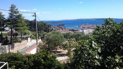 a view of a city and the ocean from a hill at Panoramic view studio in Rab