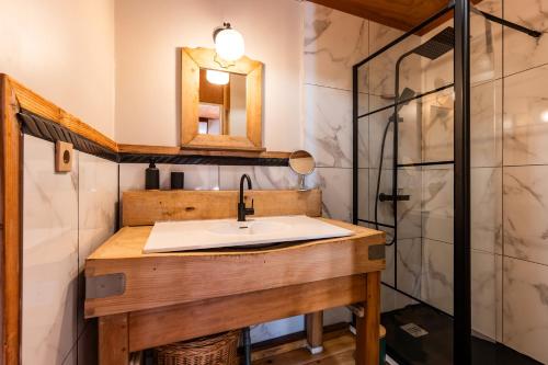 un baño con lavabo y espejo en Studio entre lac et foret, en Lacanau