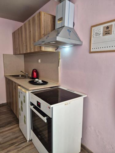 a small kitchen with a stove and a sink at 365 studios - Close to the beach in Kavala