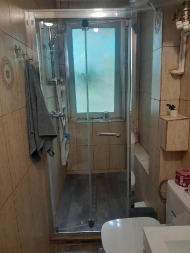 a shower with a glass door in a bathroom at Garsoniera in Iaşi