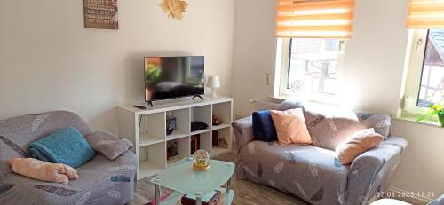 a living room with a couch and a tv at Ferienwohnung Happy Life in Northeim