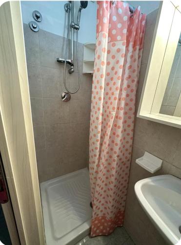 a bathroom with a shower with a shower curtain at Casa privata in collina in Gemmano